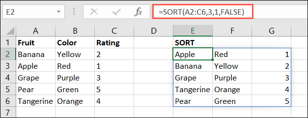 SORT function in Microsoft Excel
