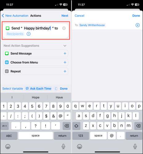 Write SMS message to schedule on iPhone.
