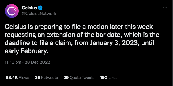 Celsius asks for adjournment of the trial of his case.  Source: Twitter.