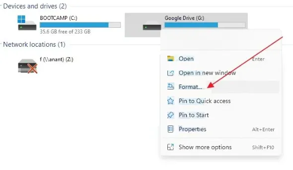 Format drive in windows.